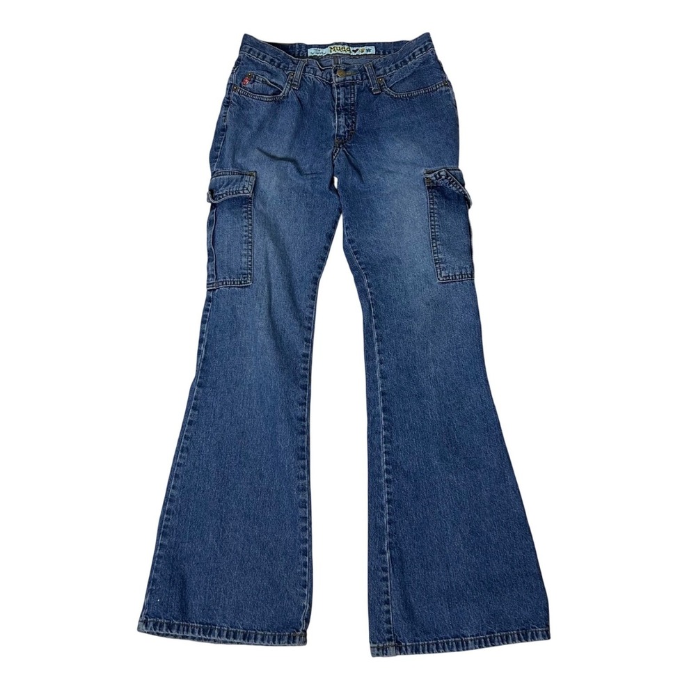 Vintage y2k Mudd Cargo Flare Jeans Blue Medium Wash Utility Bell Bottoms‎